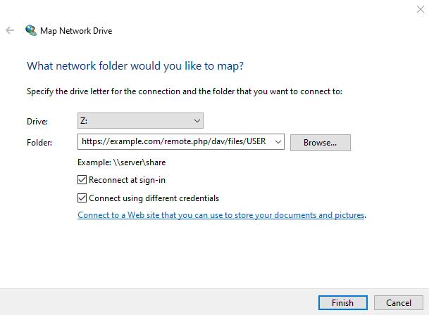 Screenshot of mapping WebDAV on Windows Explorer